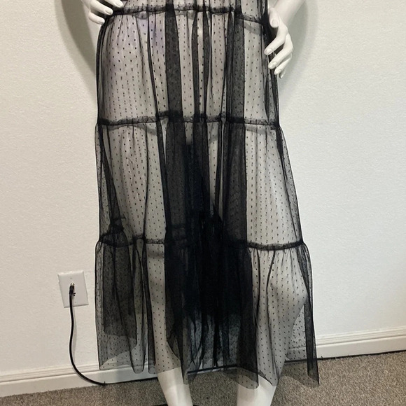 Black Polka Dot Sheer Sleeveless V-Neck Pullover Tiered Midi Dress Size M/L - Picture 3 of 8